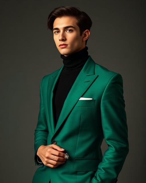 Editorial portrait of a man in an emerald suit against a warm grey backdrop